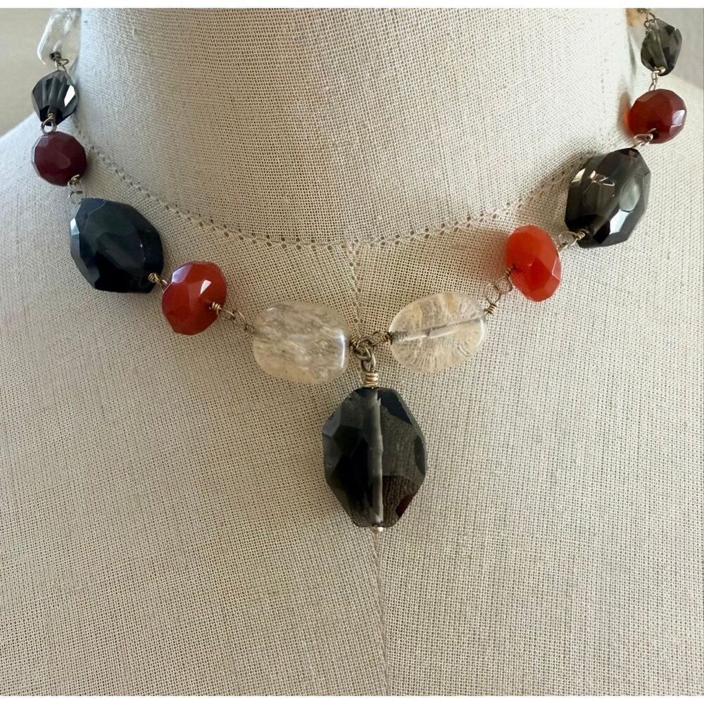 Smoky Quartz Carnelian Mixed Gemstone Statement Necklace